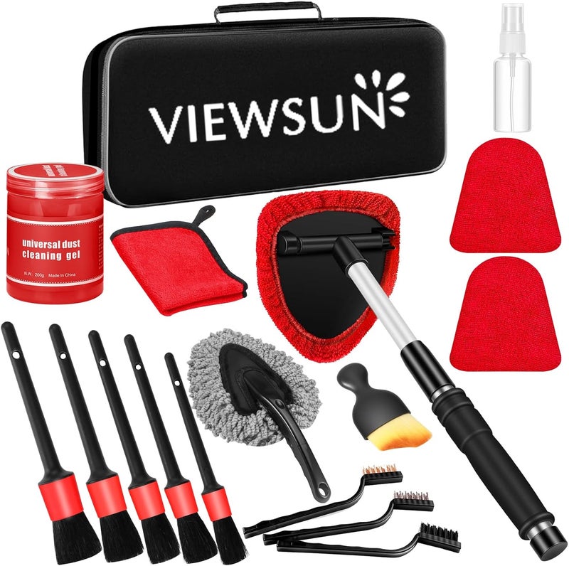 Viewsun Windshield Cleaner Tool, 17Pcs Red Car Interior Cleaning Kit, Car Detailing Kit Interior Cleaner, Car Detailing Brushes, Car Cleaning Gel, Inside Cleaning Supplies Accessories for Women Girls - Image 1